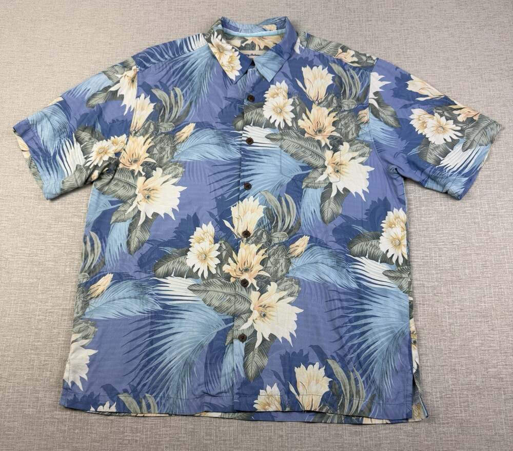 Tommy Bahama Hawaiian Shirt Men’s Large Blue Floral 100% Silk Short Sleeve